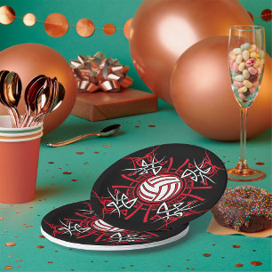 Tribal Volleyball Mandala Rot und Schwarze Sport Pappteller