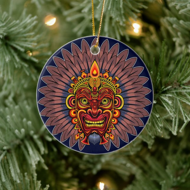 Tribal Warrior King Ritual Mask Keramik Ornament (Baum)