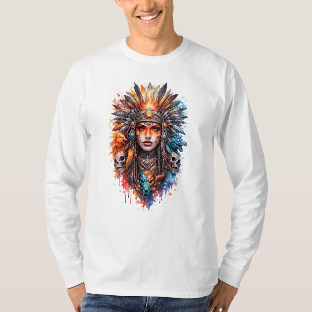 Tribal Warrior Queen Art – Fantasy Headdress Skull T-Shirt (Vorderseite)