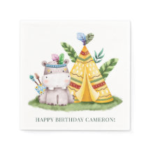 Tribal Watercolor Hippo Safari Happy Birthday