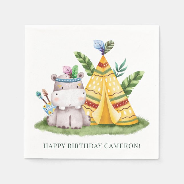 Tribal Watercolor Hippo Safari Happy Birthday Serviette (Vorderseite)