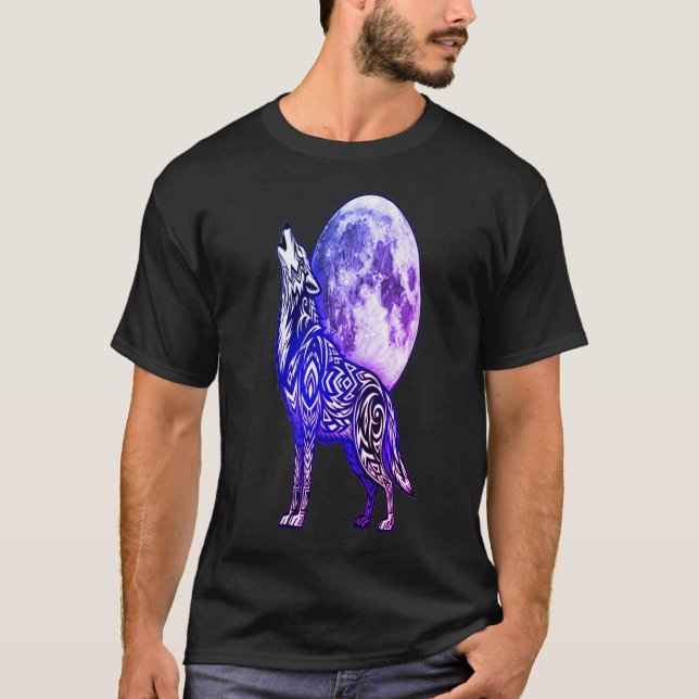 Tribal Wolf Howling at Moon T-Shirt | Mystical Blu (Vorderseite)