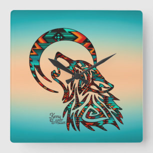 Tribal Wolf Square Wall Clock Quadratische Wanduhr