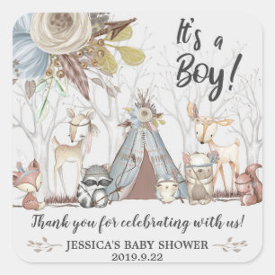 Tribal Woodland Animals Baby Shower Boy Vielen Dan Quadratischer Aufkleber