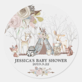 Tribal Woodland Animals Baby Shower Girl Runder Aufkleber