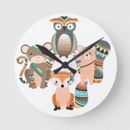 Tribal Woodland Animals Illustration Runde Wanduhr