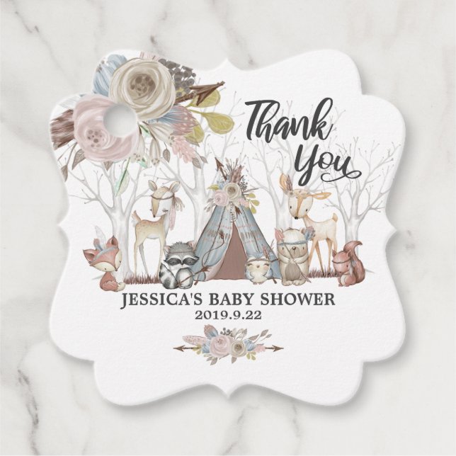 Tribal Woodland Animals Kinderdusche Danke Mädchen Geschenkanhänger (Vorderseite)