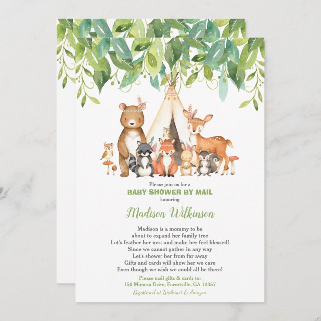 Tribal Woodland Virtual Baby Shower Mail Greenery Einladung (Vorne/Hinten)