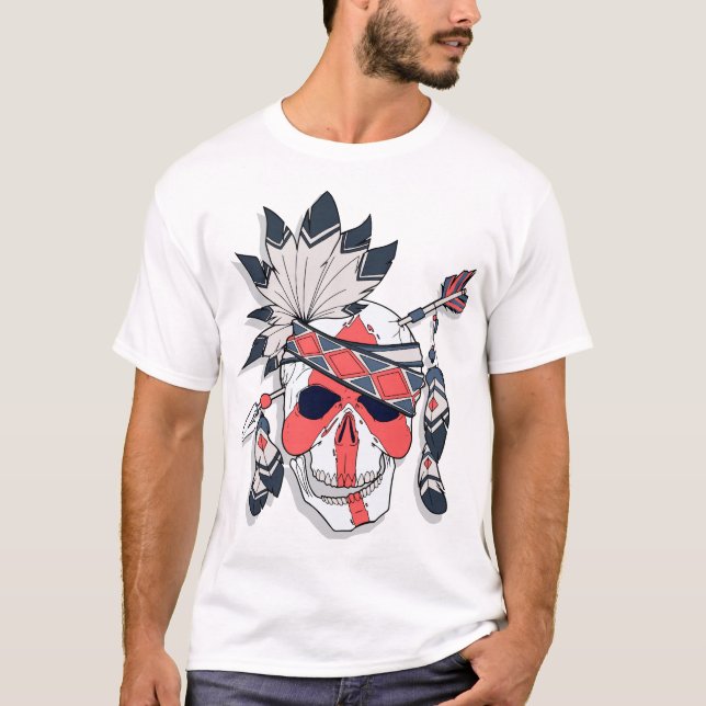 Tribales T-Shirt mit Feder-Schädel-Grafik (Vorderseite)