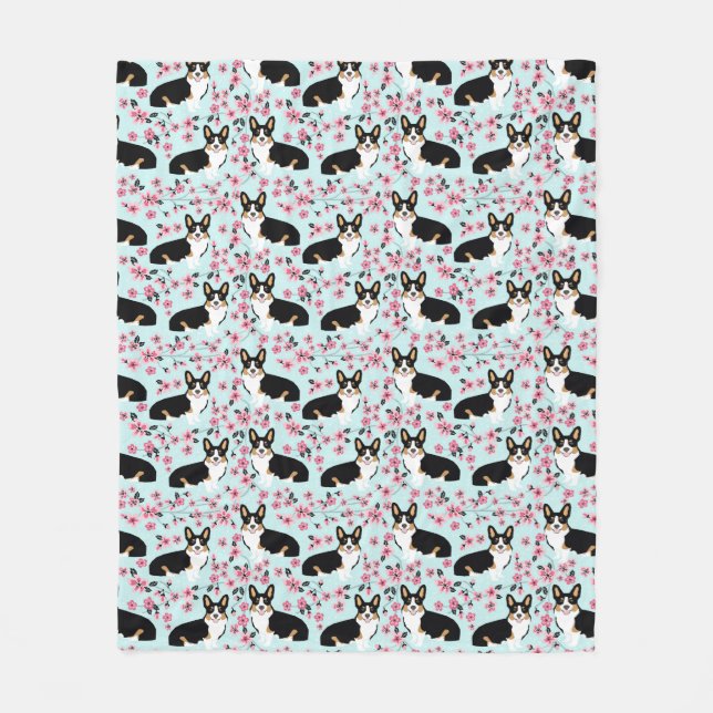 Tribfarbene Corgi-Kirschblüten Fleecedecke (Vorderseite)