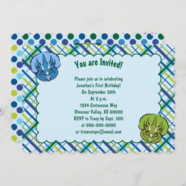 Triceratops Blau und grün Niedliche Dinosaurier Ge Einladung (Vorne/Hinten)