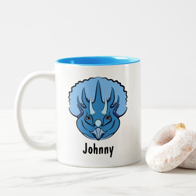 Triceratops Blue Niedlich Dinosaurier Personalisie Zweifarbige Tasse (Mit Donut)