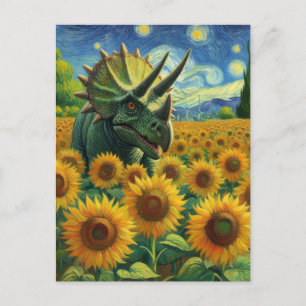 Triceratops Dino im Sonnenblumenfeld Van Gogh Postkarte