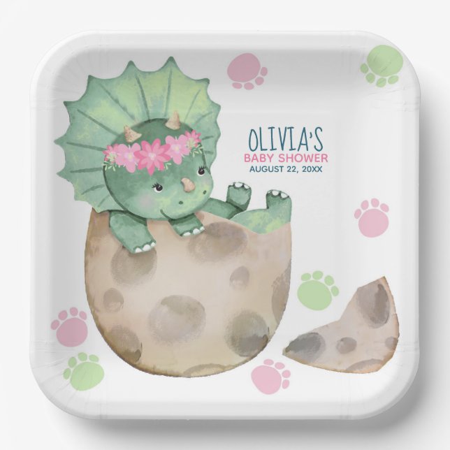 Triceratops Dinosaur Girl Baby Dusche Pappteller (Vorderseite)