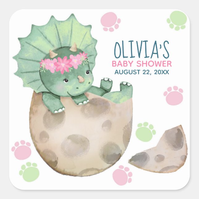 Triceratops Dinosaur Girl Baby Dusche Quadratischer Aufkleber (Vorderseite)