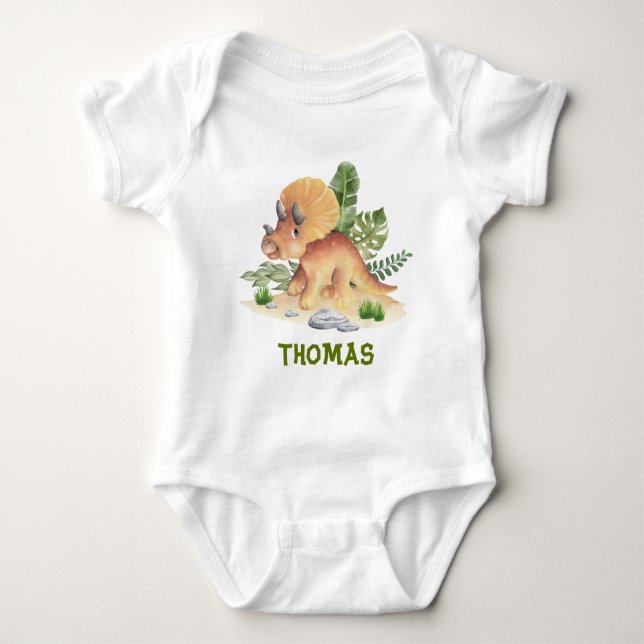 Triceratops Dinosaur Greenery Individuelle Name Baby Strampler (Vorderseite)