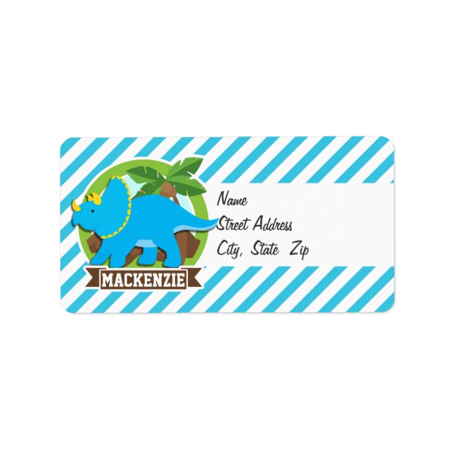 Triceratops Dinosaur; Sky Blue & White Streifen Adressaufkleber (Vorne)
