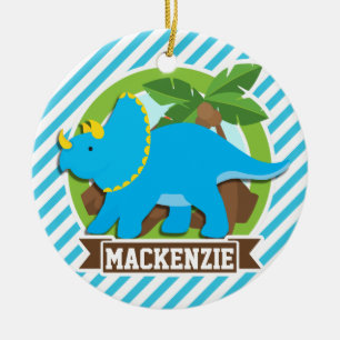 Triceratops Dinosaur; Sky Blue & White Streifen Keramikornament