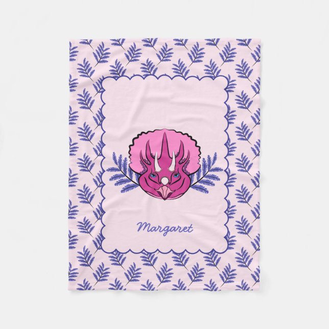 Triceratops Hübsch Pink Dinosaurier mit Leaf Muste Fleecedecke (Vorderseite)
