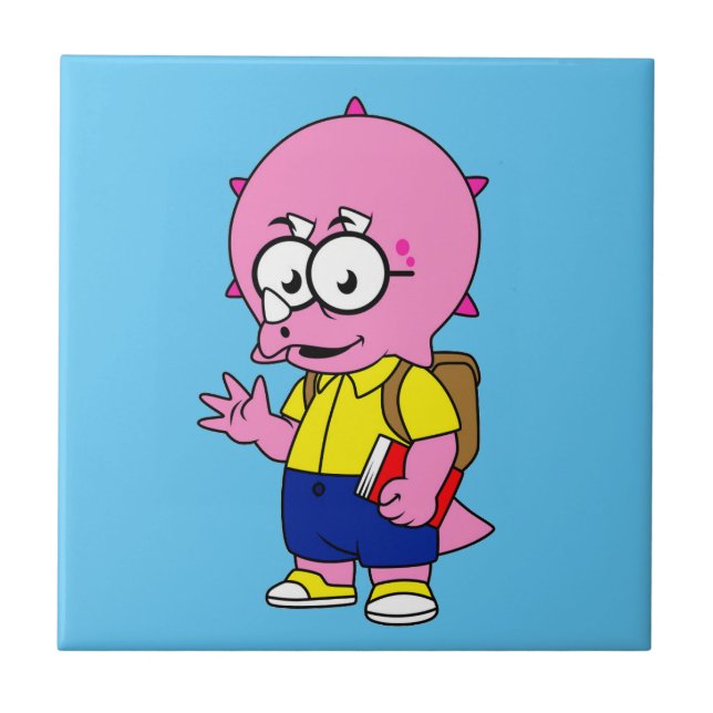 Triceratops Nerd mit Rucksack und Textbuch. Fliese (Vorderseite)