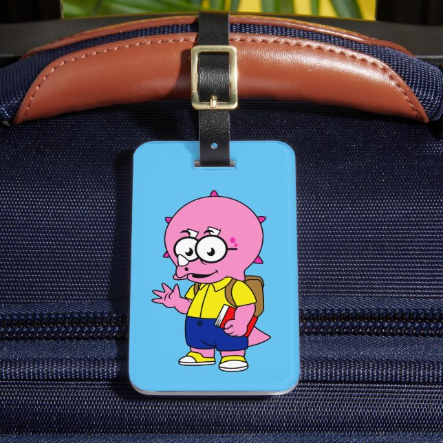 Triceratops Nerd mit Rucksack und Textbuch. Gepäckanhänger (Vorderseite Insitu 2)