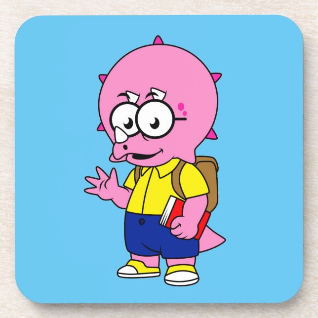 Triceratops Nerd mit Rucksack und Textbuch. Getränkeuntersetzer (Vorderseite)