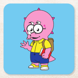 Triceratops Nerd mit Rucksack und Textbuch. Rechteckiger Pappuntersetzer