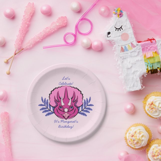 Triceratops Pretty Pink Dinosaur Pappteller (Party)