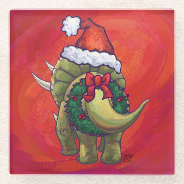 Tricerops Weihnachten auf Rot Glasuntersetzer (Vorderseite)