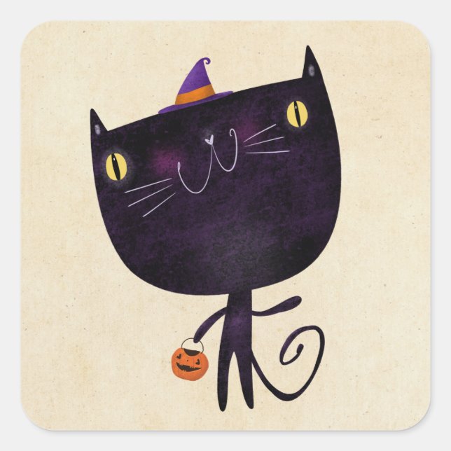 Trick oder behandeln Black Cat Niedlichen Hallowee Quadratischer Aufkleber (Vorderseite)