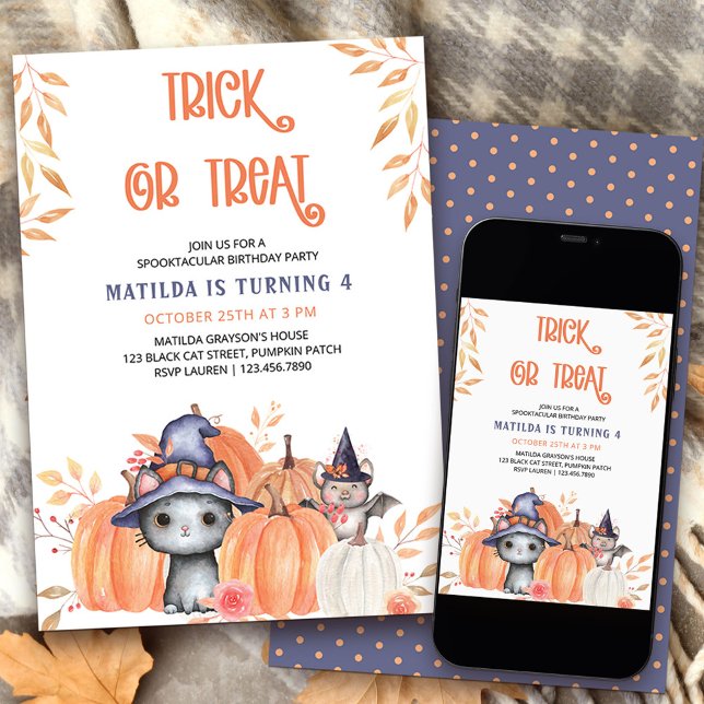 Trick oder behandeln Black Cat Pumpkin Patch Gebur Einladung (Trick or Treat Halloween birthday party invitation with cute black cat and quirky wording)