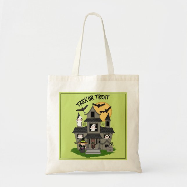 Trick oder behandeln Halloween Spuk Haus und Hexe Tragetasche (Vorne)