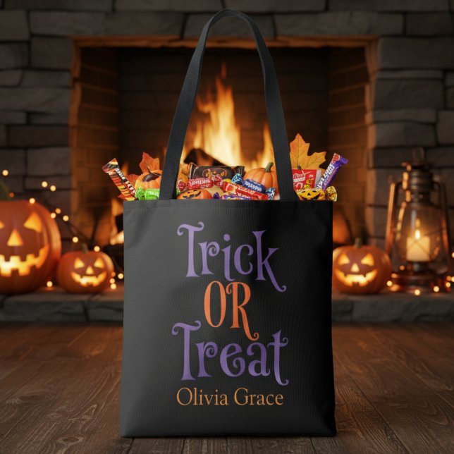 Trick oder Behandeln Lila & Orange benutzerdefinie (Trick or Treat Purple & Orange Custom Halloween Tote Bag - add your favorite trick-or-treater's name)