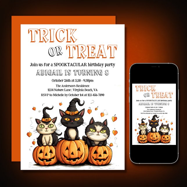 Trick oder behandeln Niedliche Halloween Katzen Ge Einladung (Printed and Digital - Trick or Treat Cute Halloween Cats Birthday Invitation)