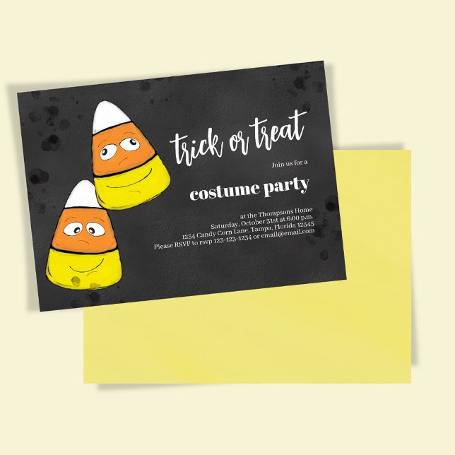 Trick oder behandeln Niedliches Candy Corn Hallowe Einladung (Trick or treat Halloween costume party invitation with cute candy corn. )