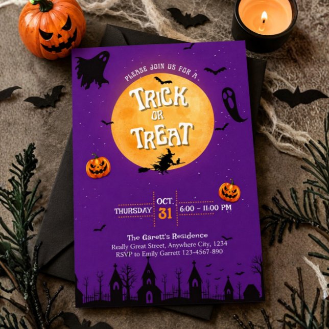 Trick oder Behandlung Einladung Lila Halloween-Par (Purple Halloween Kids Trick or Treat Invitation )