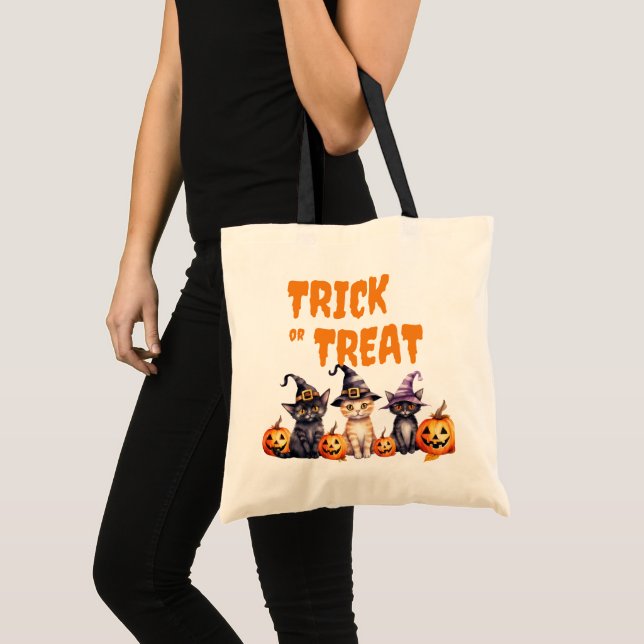 TRICK ODER BEHANDLUNG, HALLOWEEN KATZEN MIT HATTEN TRAGETASCHE (Vorderseite (Produkt))