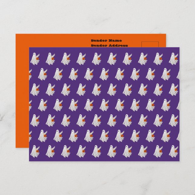 Trick oder Behandlung von Geist mit Kürbiskandy Ei Postkarte (Vorne/Hinten)