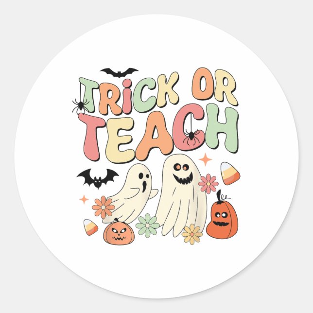 Trick oder binden Halloween Lehrer Groovy Retro Pu Runder Aufkleber (Vorderseite)