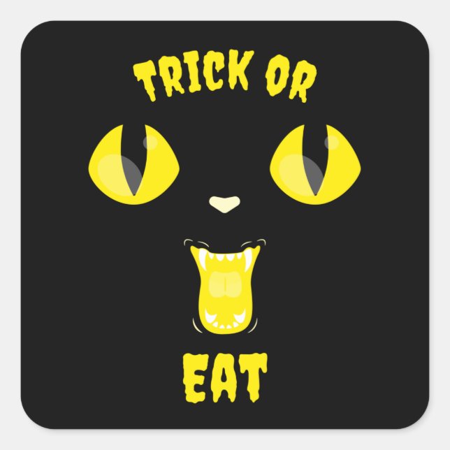 Trick oder essen Funny Halloween Hungerkatze Quadratischer Aufkleber (Vorderseite)