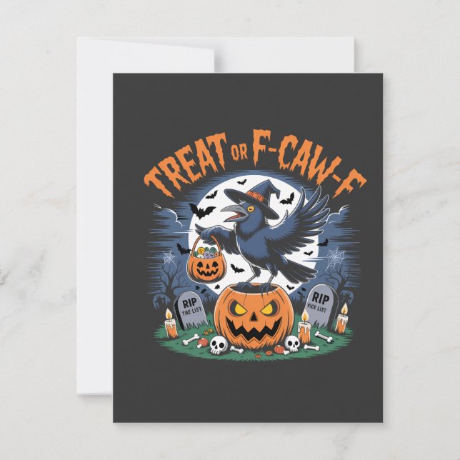 Trick oder F-Caw-f Funny Crow Halloween Spooky Dankeskarte (Vorderseite)