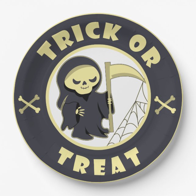 Trick oder Leckerbissen Halloween grimmigem Sensen Pappteller (Vorderseite)