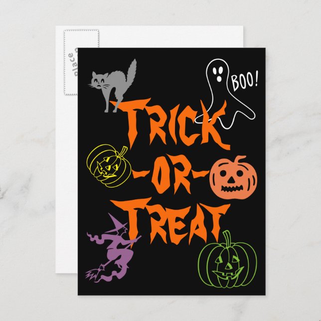 Trick-oder-Leckerei Halloween Pumpkin Ghost Hexe Postkarte (Vorne/Hinten)