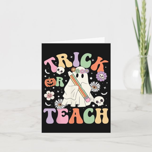 Trick oder lehren Niedlich Teacher Halloween Retro Karte (Vorderseite)