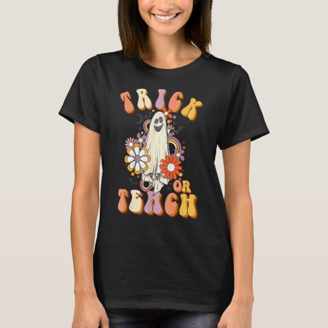 Trick oder lehren Retro Groovy Lehrer Halloween Fl T-Shirt (Vorderseite)