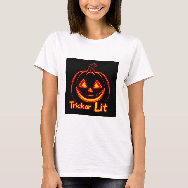 Trick oder Lit - Neon Pumpkin Face Halloween T-Shirt (Vorderseite)