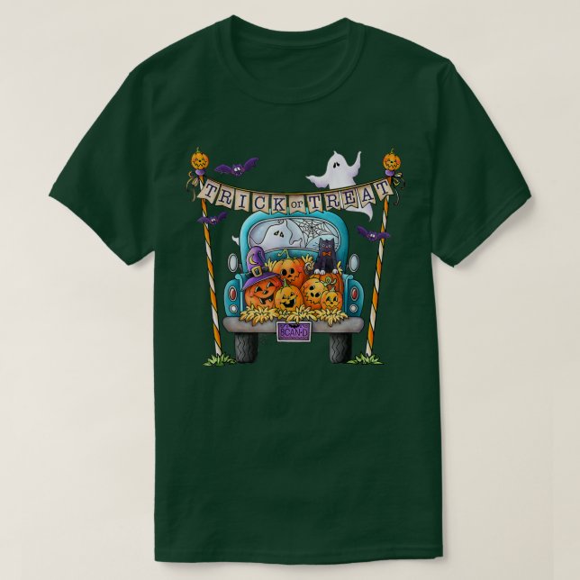 Trick oder Lust auf lustige Kürbiswagen glücklich  T-Shirt (Design vorne)