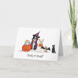 Trick oder Lust? Hunde in Kostümskarte Halloween Karte