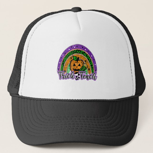 Trick oder Teach Funny Rainbow Pumpkin Lehrer Hall Truckerkappe (Vorderseite)