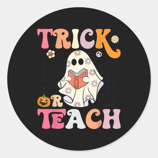 Trick oder Teach Groovy Halloween Retro Floral Gho Runder Aufkleber (Vorderseite)